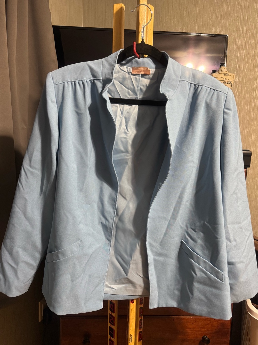 Vintage Tan Jay Light Blue Mandarin Collar Open Blazer Jacket Size 18